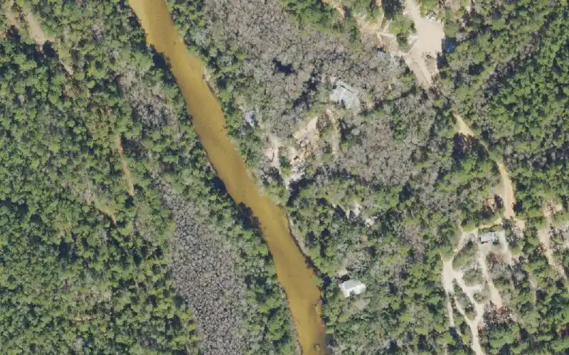 Aerial photo of the area around Adventures Unlimited Outdoor Center (Canoe rental, shuttle, camping), Santa Rosa County