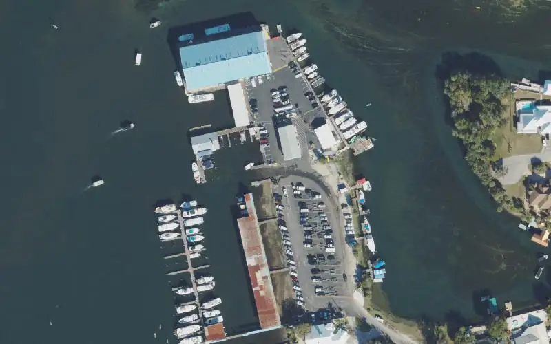 Aerial photo of the area around Crystal River City Boat Ramp at Pete's Pier Marina, Citrus County