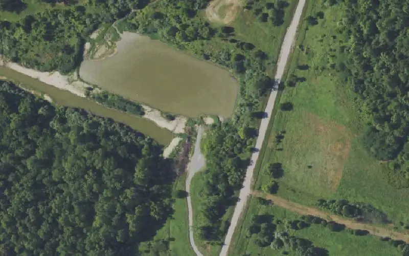 Aerial photo of the area around Damsel Pond Ramp, Muhlenberg County