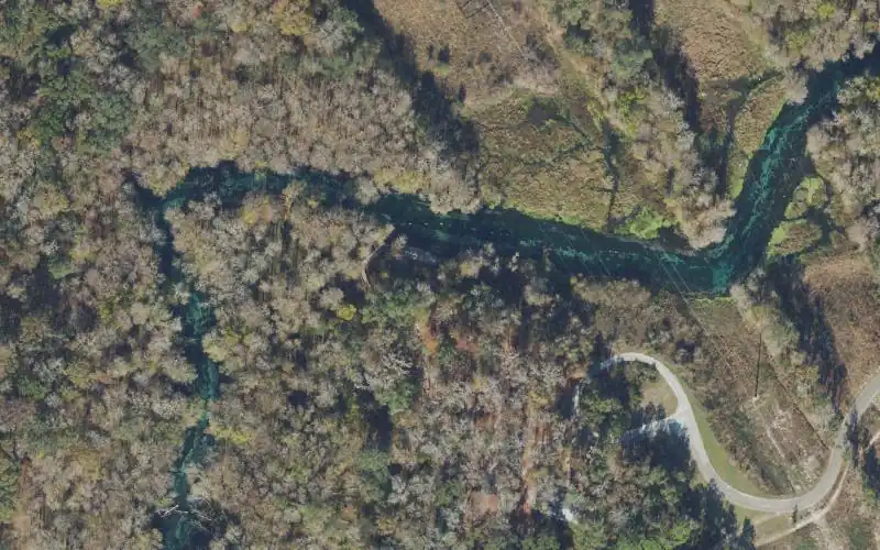 Aerial photo of the area around Ichetucknee Springs State Park - South Gate Canoe / Kayak Takeout, Suwannee County