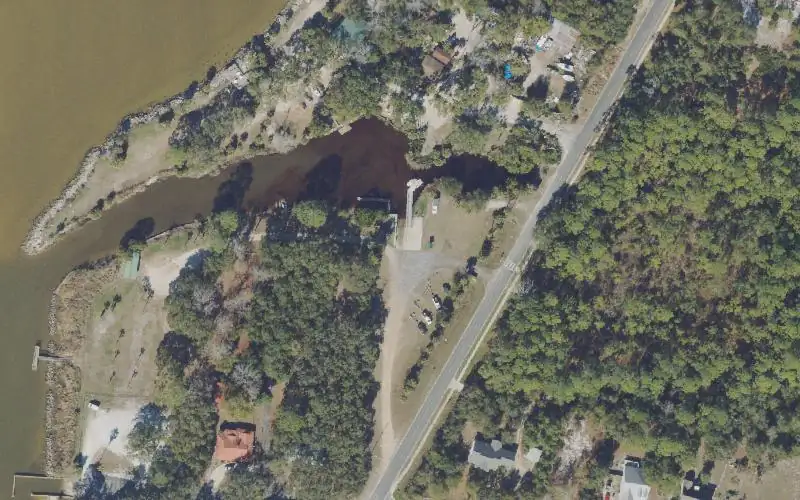Aerial photo of the area around Indian Creek Public Park and Boat Ramps (North Bayshore Drive), Franklin County