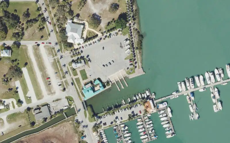 Aerial photo of the area around Indian River Veterans Memorial Park & Public Boat Ramp aka. Moore's Creek (Closed Nov 15 through March 31), St. Lucie County