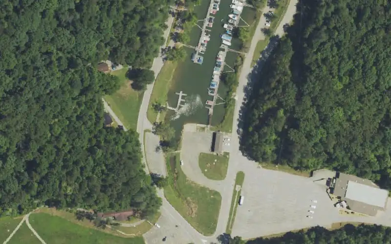 Aerial photo of the area around Jenny Wiley State Park Marina Ramp, Floyd County