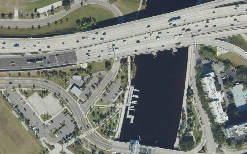Aerial photo of the area around Julian B. Lane Riverfront Park Paddlecraft Launch Dock, Hillsborough County