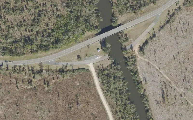Aerial photo of the area around Look and Tremble Falls - Highway 274 Bridge Wayside Park, Calhoun County