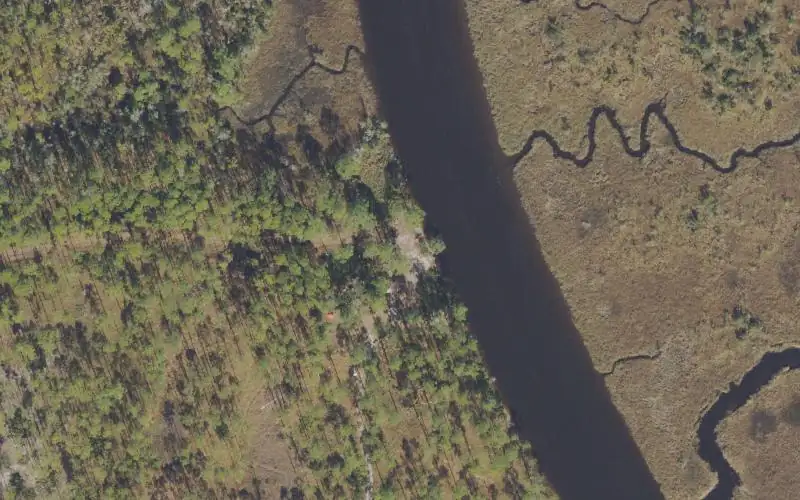 Aerial photo of the area around Ochlockonee River State Park - Group Campsite (Reservations Required) Paddle Craft Beach, Wakulla County