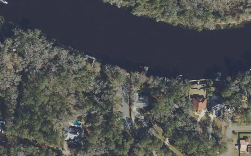 Aerial photo of the area around Old Ferry Public Boat Ramp (aka. Rideout Ferry), Clay County
