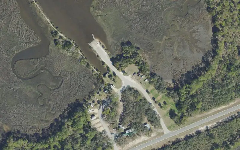 Aerial photo of the area around Shell Mound Park and Public Boat Ramp, Levy County