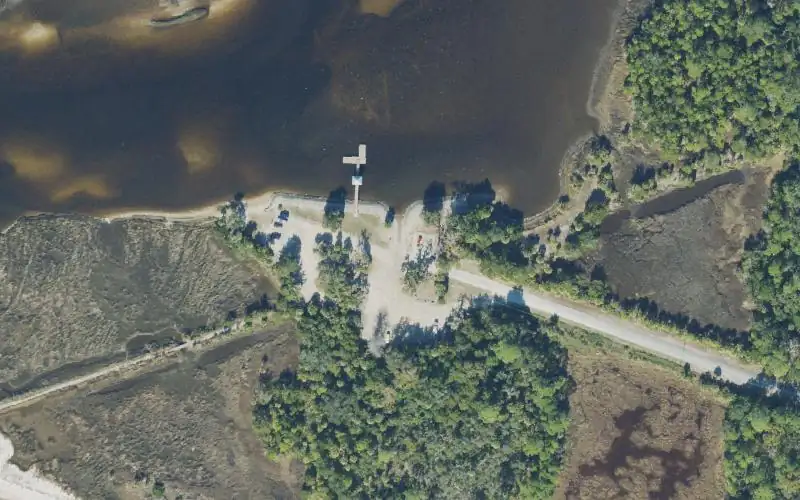 Aerial photo of the area around Shired Island Public Boat Ramp, Dixie County