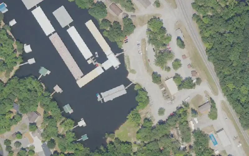 Aerial photo of the area around Sportsman Anchor Resort, Marshall County