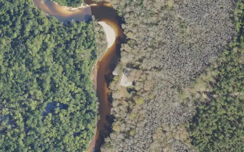 Aerial photo of the area around The Pipes Canoe Launch, Escambia County